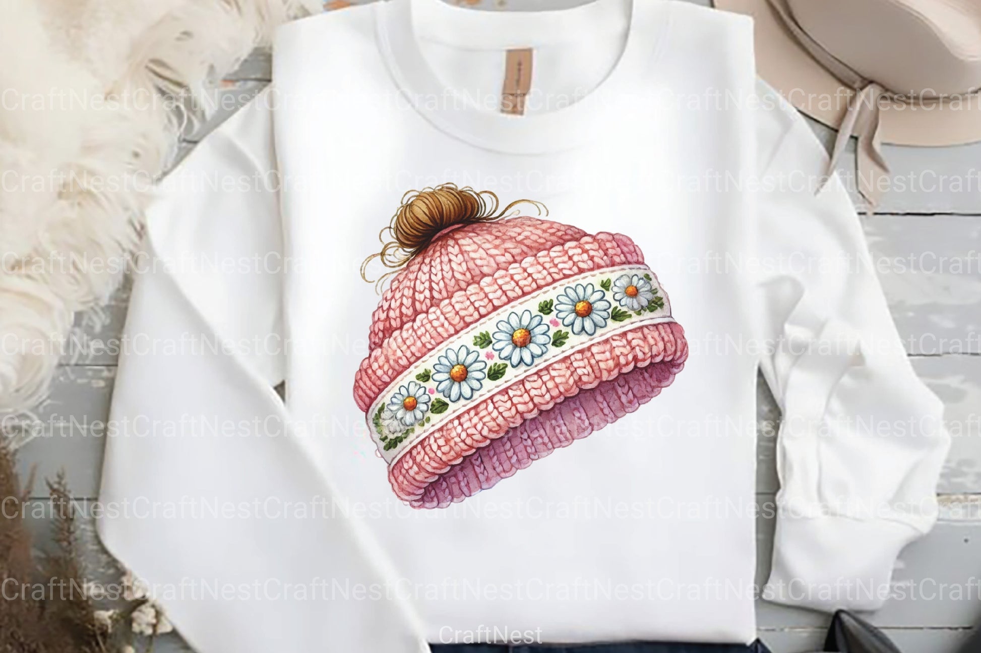 Pink Knitted Hat with Daisies Clipart Bundle - CraftNest - Digital Crafting and Art