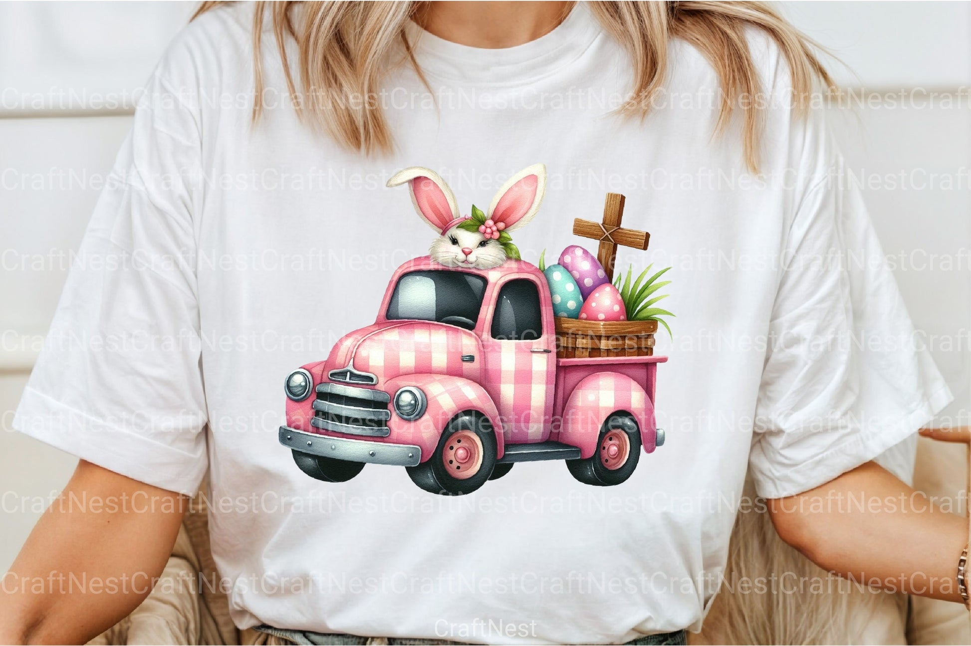 Pink Checkered Truck with Bunny Ears Clipart Bundle 2 - CraftNest - Digital Crafting and Art