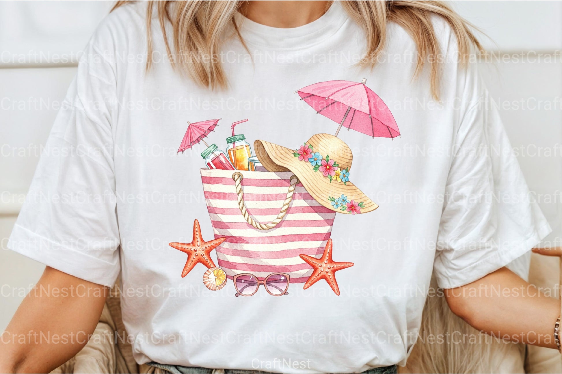 Pink Striped Beach Bag with Drinks Clipart Bundle 2 - CraftNest - Digital Crafting and Art