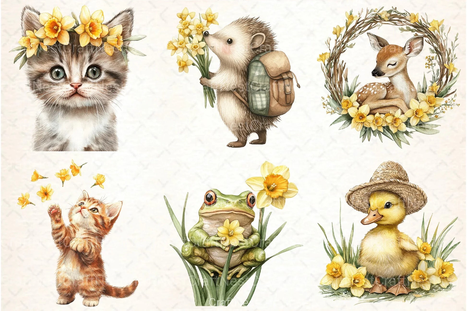Cute Animals with Daffodils Clipart Bundle - CraftNest - Digital Crafting and Art