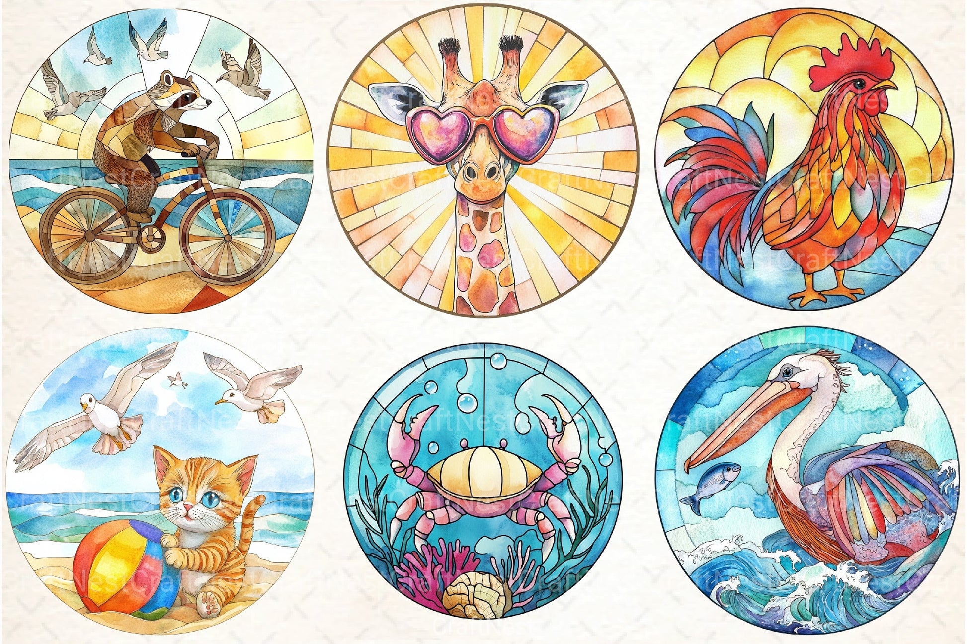 Round Stained Glass Summer Animals Clipart Bundle - CraftNest - Digital Crafting and Art