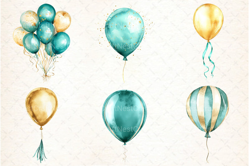 Teal and Gold Balloons Clipart Bundle - CraftNest - Digital Crafting and Art