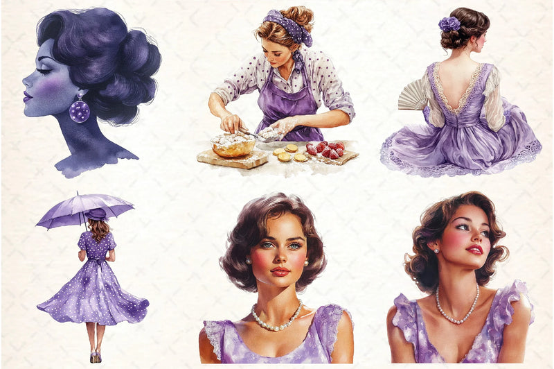 Purple Summer Vintage Woman Clipart Bundle - CraftNest - Digital Crafting and Art