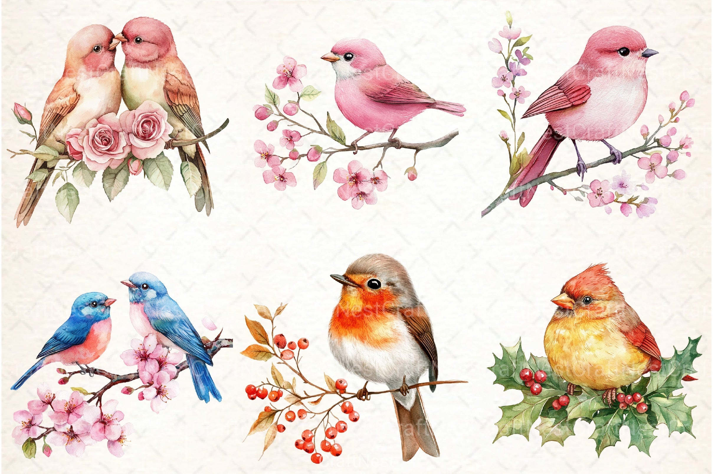 Cute Birds on Branch Clipart Bundle - CraftNest - Digital Crafting and Art