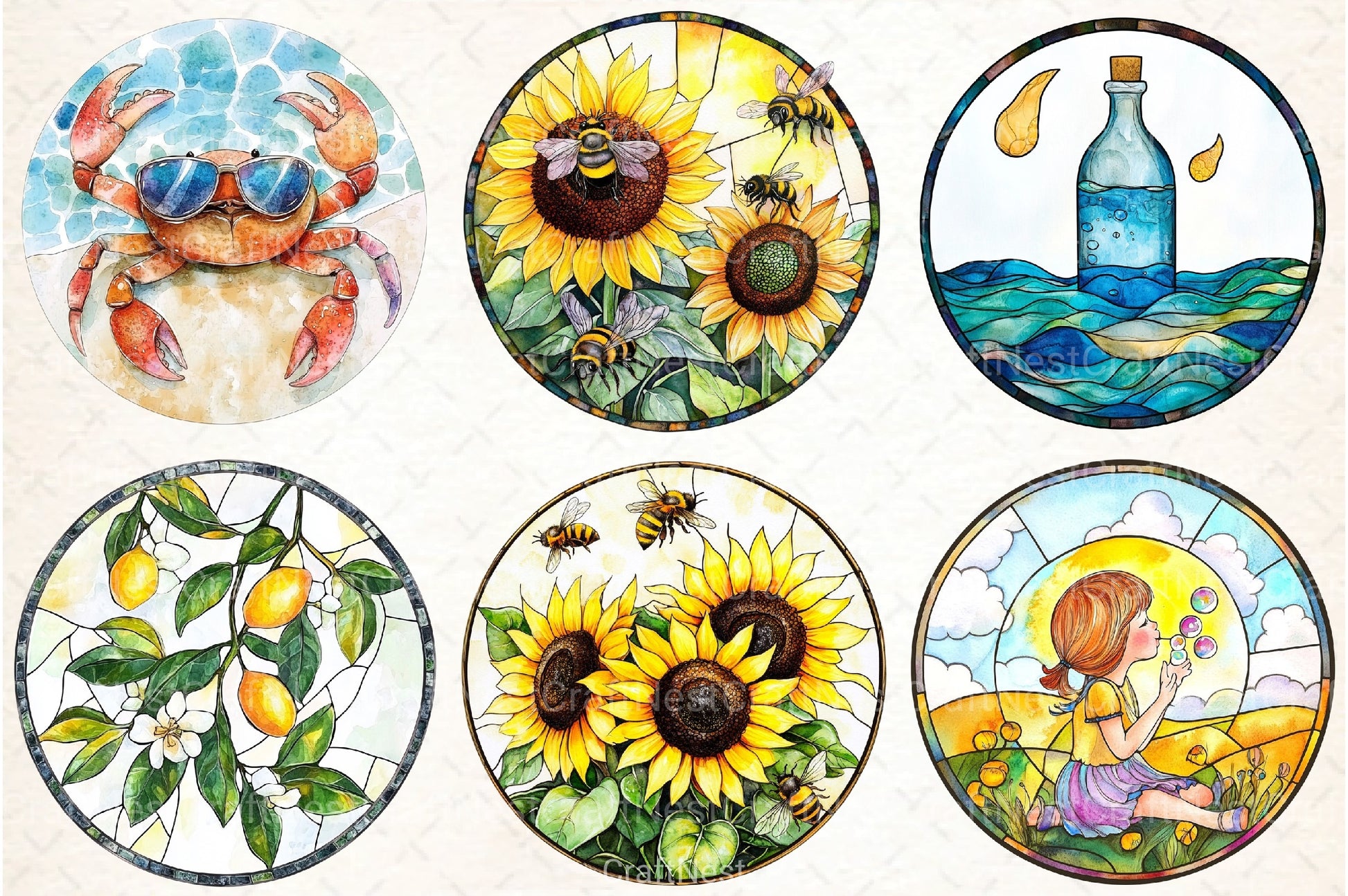 Round Stained Glass Summer Clipart Bundle 99 - CraftNest - Digital Crafting and Art