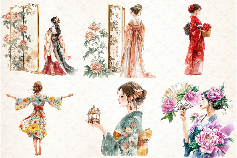 Japanese Flower Maiden Clipart Bundle - CraftNest - Digital Crafting and Art