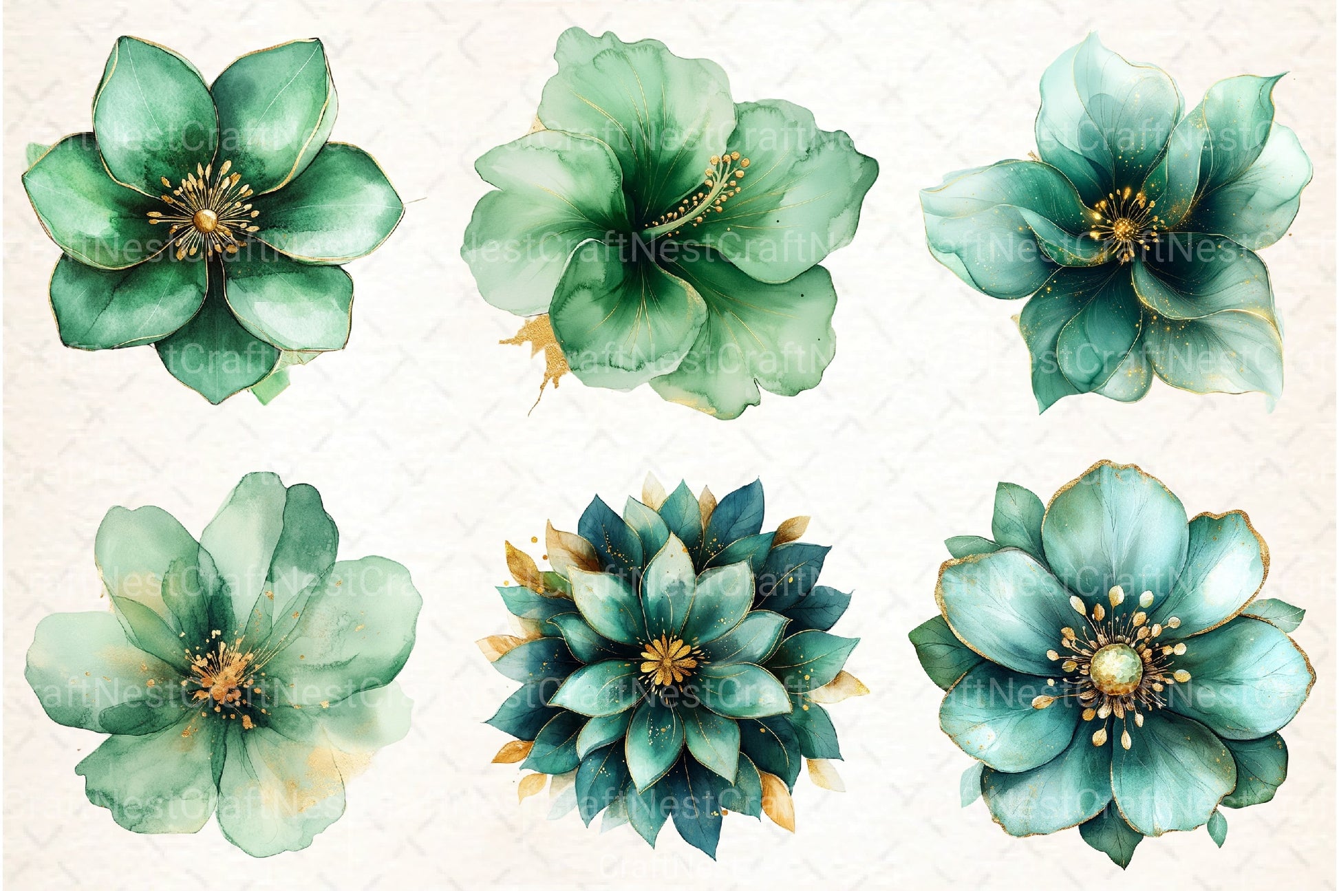 Abstract Green Gold Flower Clipart Bundle - CraftNest - Digital Crafting and Art