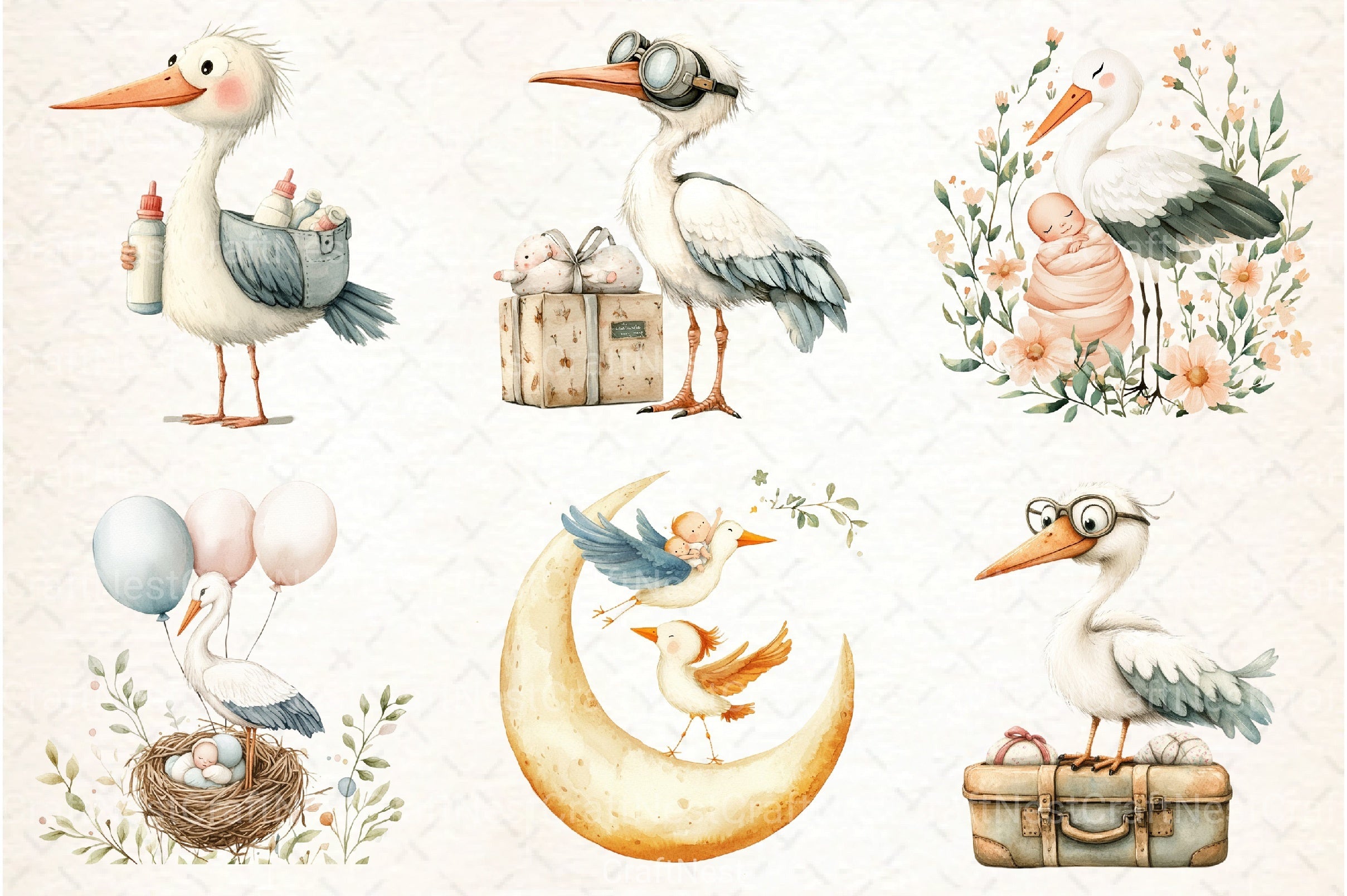 Stork Baby Delivery Clipart Bundle 2 - CraftNest - Digital Crafting and Art