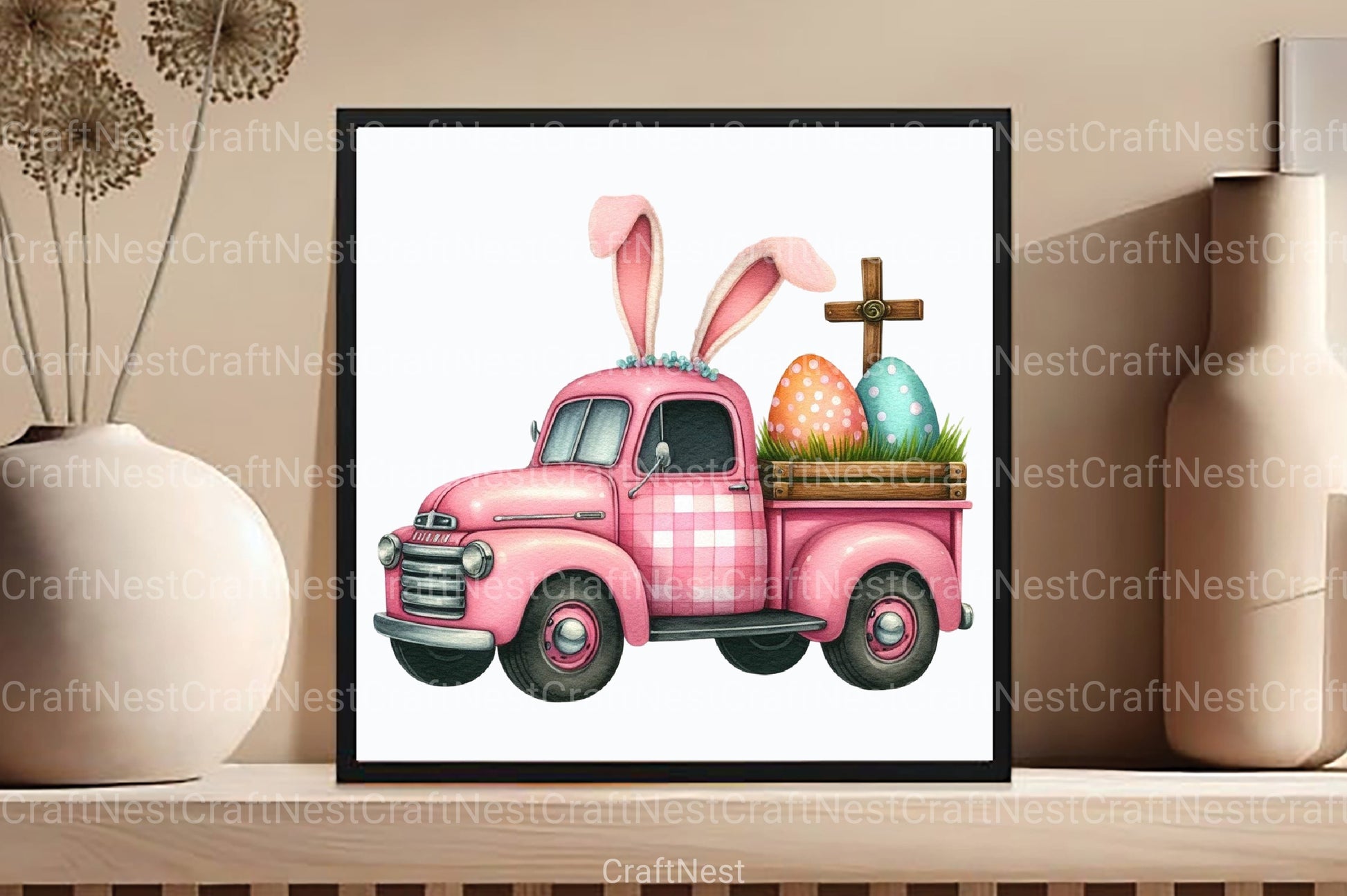 Pink Checkered Truck with Bunny Ears Clipart Bundle 1 - CraftNest - Digital Crafting and Art