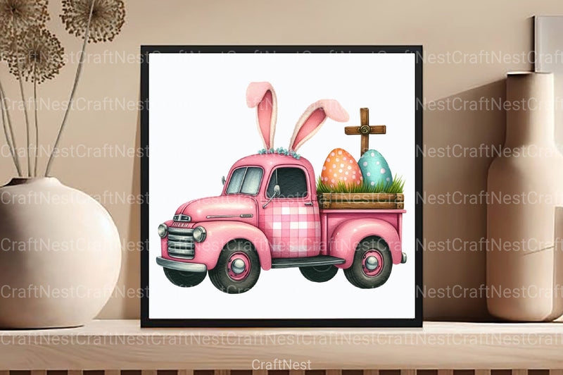 Pink Checkered Truck with Bunny Ears Clipart Bundle 1 - CraftNest - Digital Crafting and Art