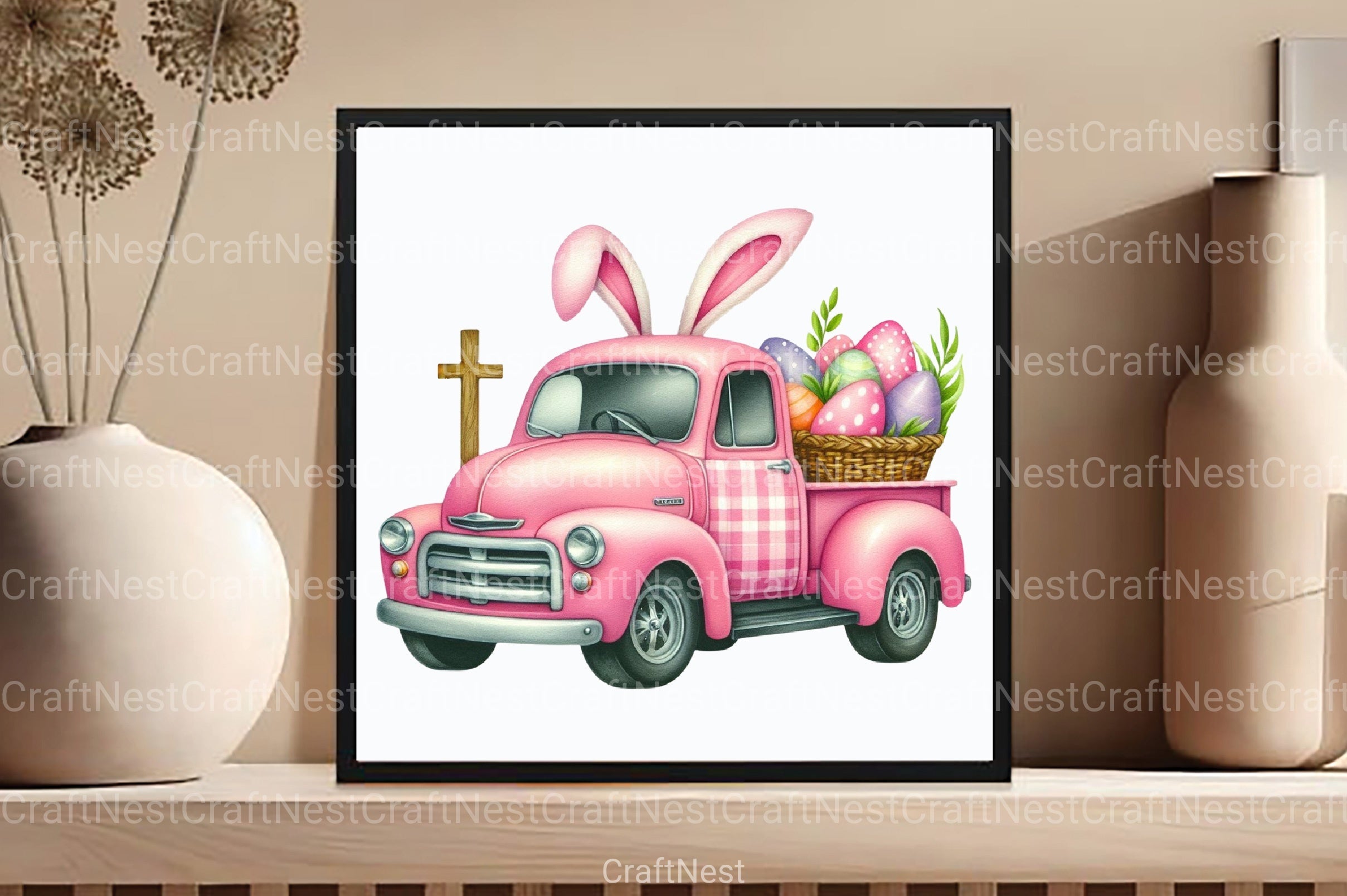 Pink Checkered Truck with Bunny Ears Clipart Bundle 4 - CraftNest - Digital Crafting and Art