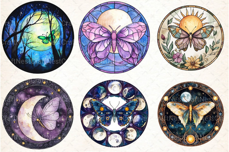Lunar Moth & Moon Stained Glass Clipart Bundle - CraftNest - Digital Crafting and Art