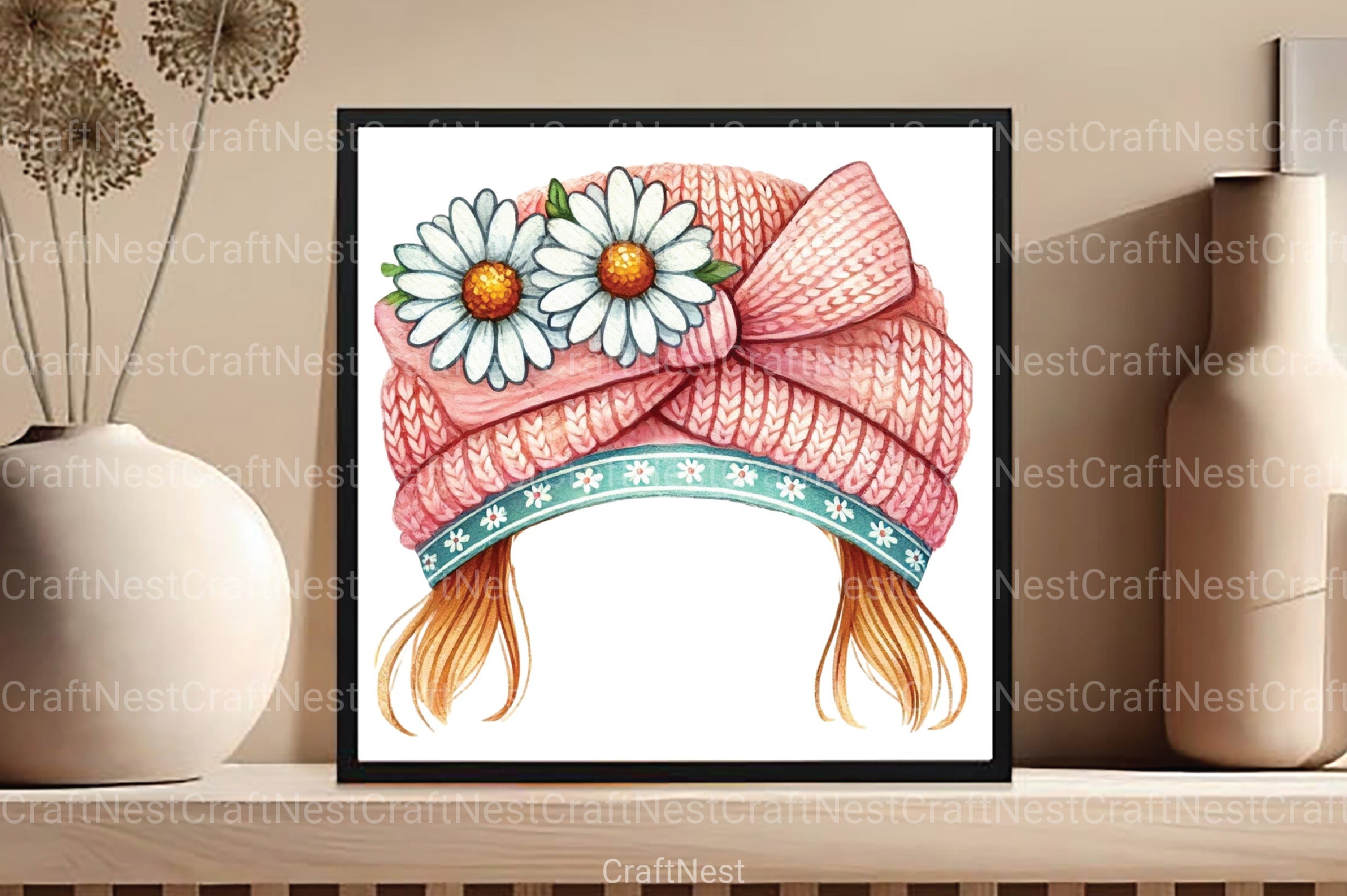 Pink Knitted Hat with Daisies Clipart Bundle - CraftNest - Digital Crafting and Art