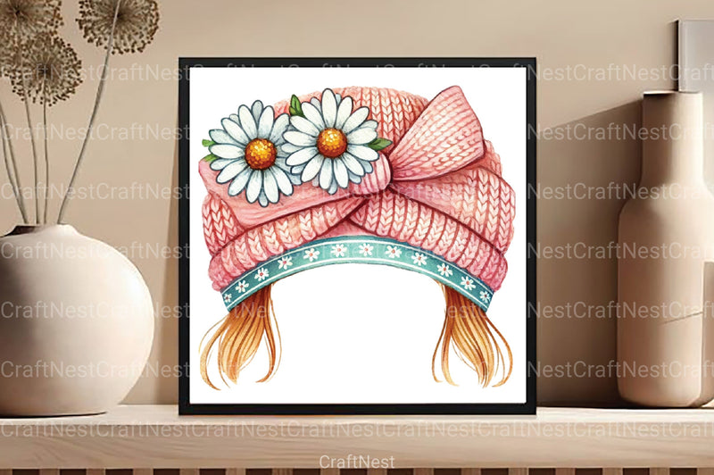 Pink Knitted Hat with Daisies Clipart Bundle - CraftNest - Digital Crafting and Art