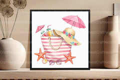 Pink Striped Beach Bag with Drinks Clipart Bundle 2 - CraftNest - Digital Crafting and Art