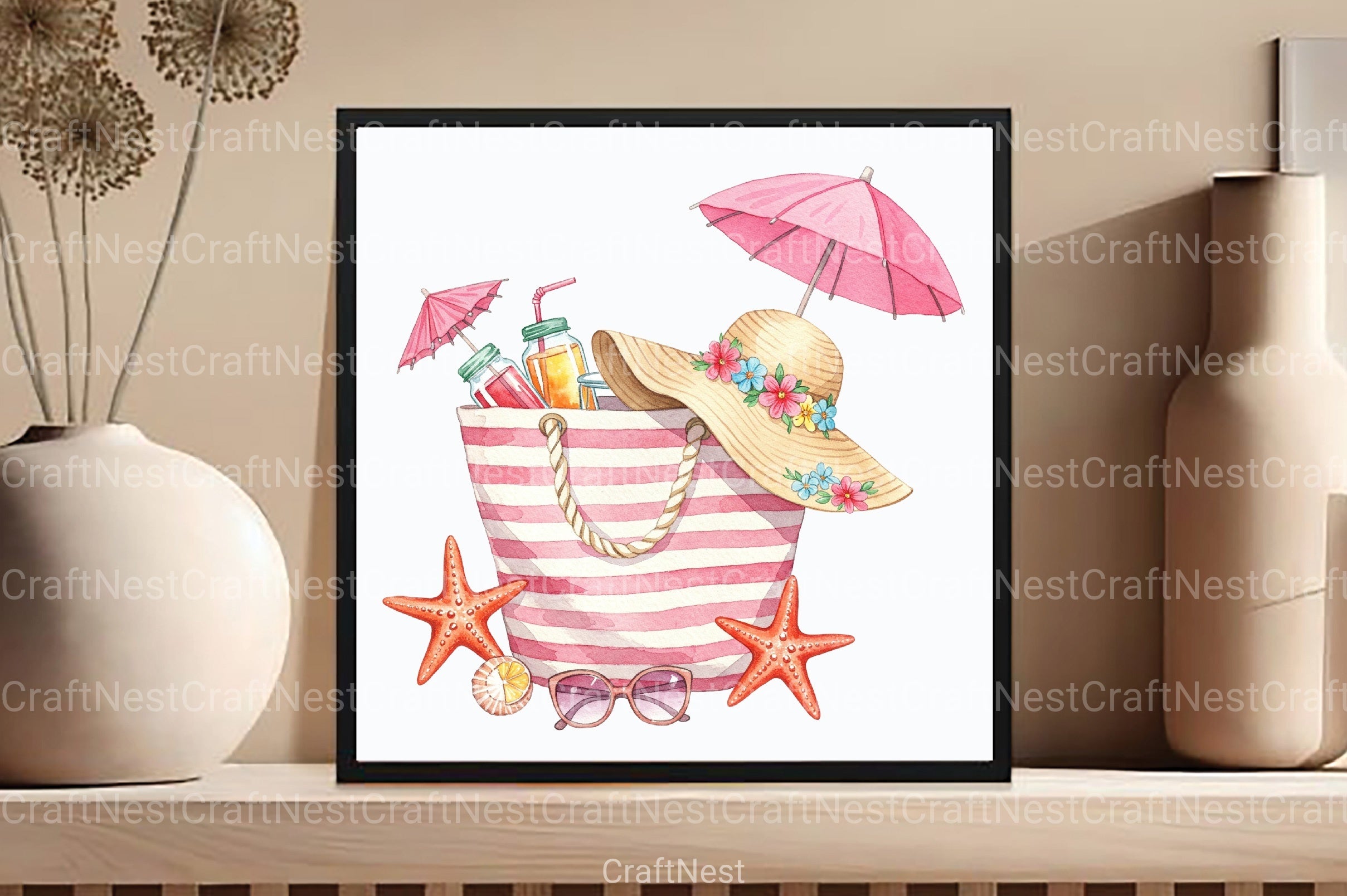 Pink Striped Beach Bag with Drinks Clipart Bundle 2 - CraftNest - Digital Crafting and Art