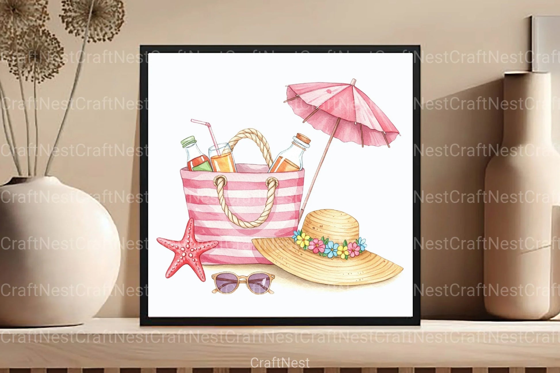 Pink Striped Beach Bag with Drinks Clipart Bundle - CraftNest - Digital Crafting and Art