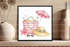 Pink Striped Beach Bag with Drinks Clipart Bundle - CraftNest - Digital Crafting and Art
