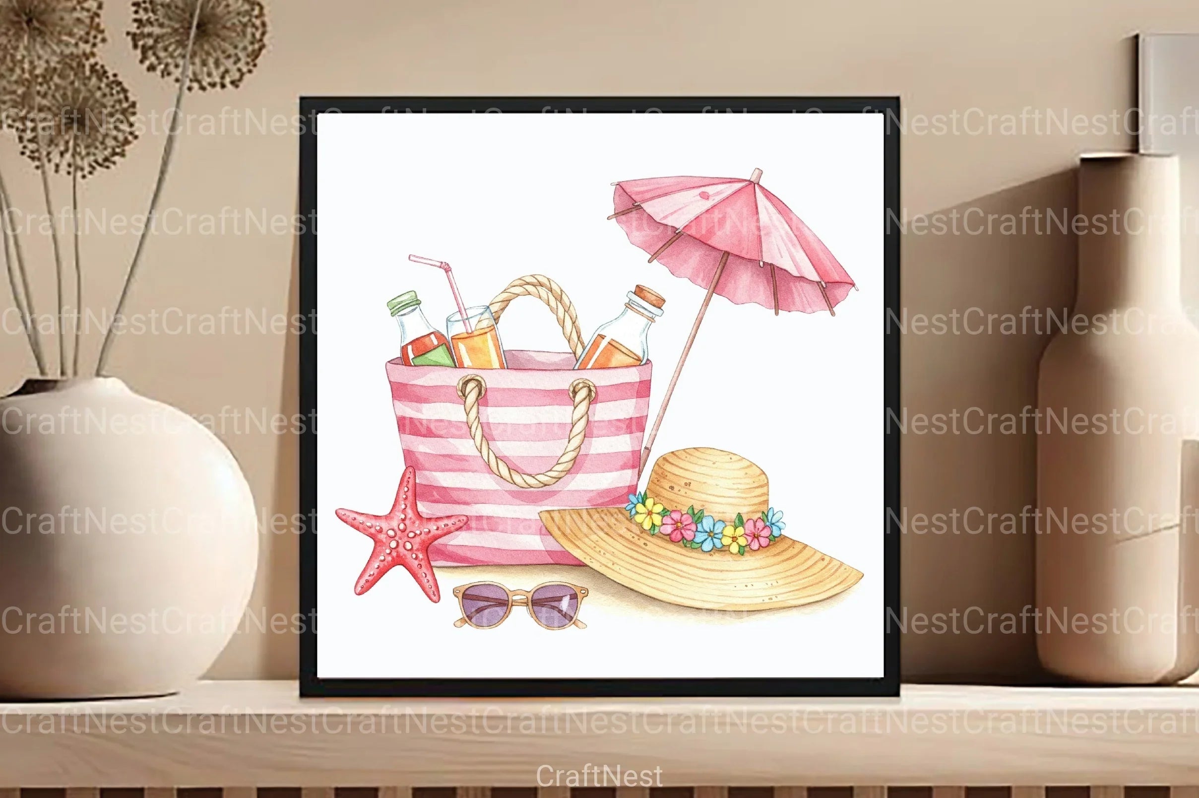 Pink Striped Beach Bag with Drinks Clipart Bundle - CraftNest - Digital Crafting and Art
