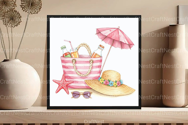 Pink Striped Beach Bag with Drinks Clipart Bundle - CraftNest - Digital Crafting and Art