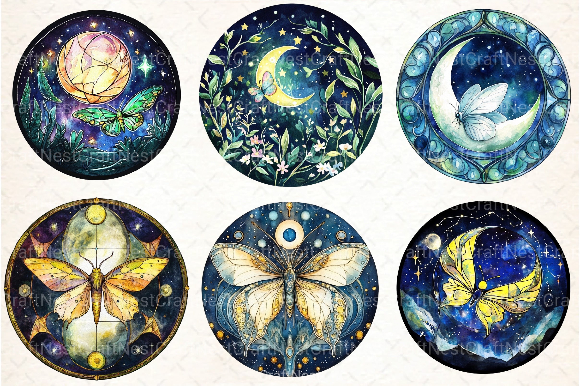Lunar Moth & Moon Stained Glass Clipart Bundle - CraftNest - Digital Crafting and Art
