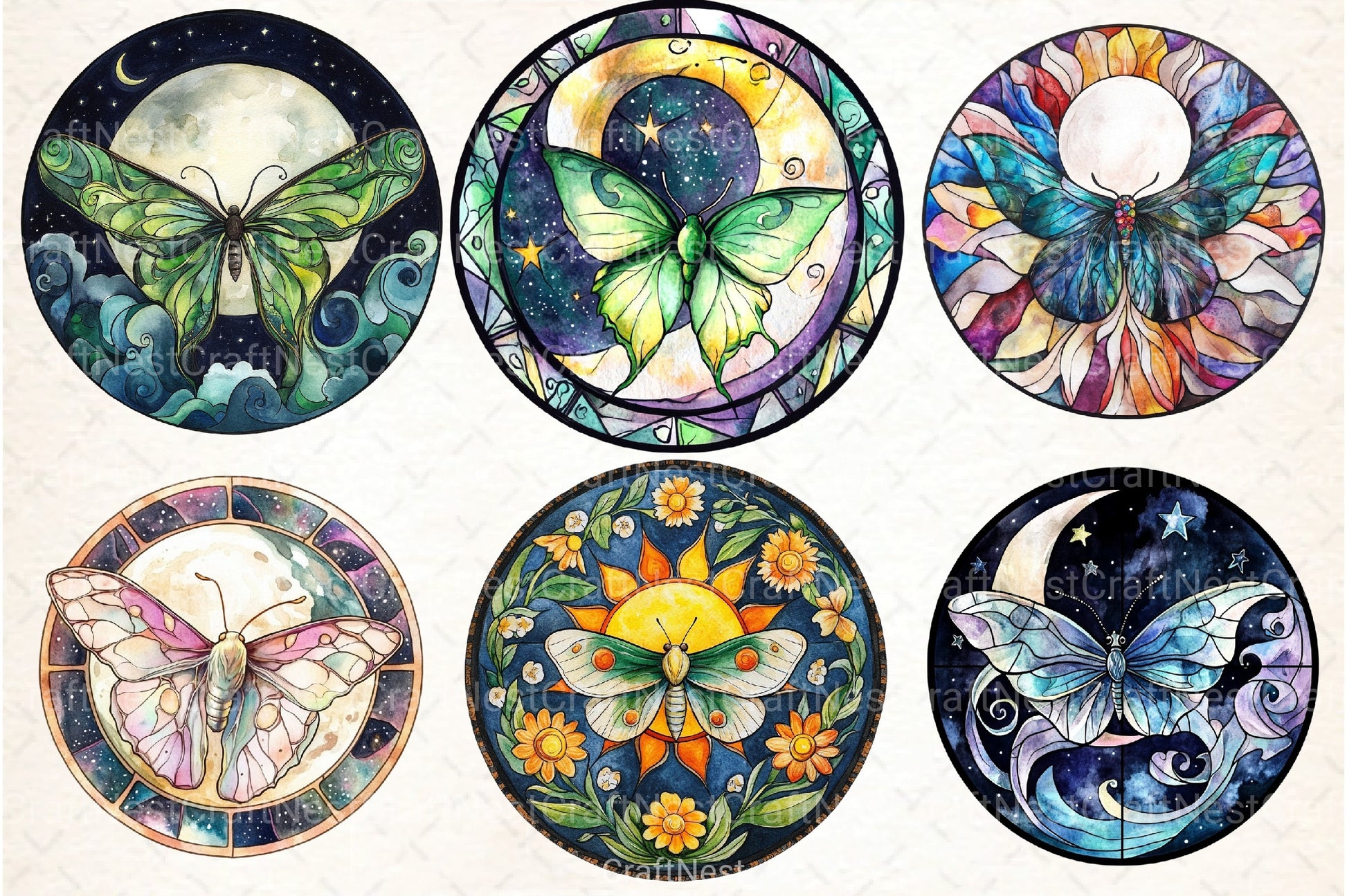 Lunar Moth & Moon Stained Glass Clipart Bundle - CraftNest - Digital Crafting and Art