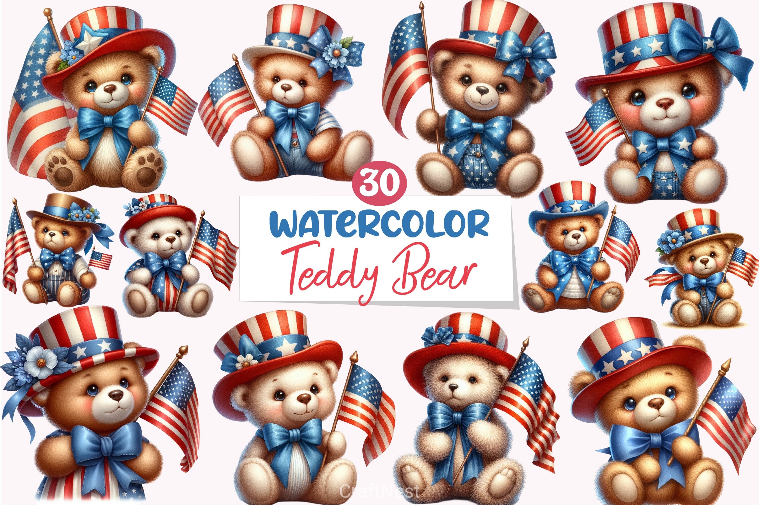 Patriotic 4th of July Teddy Bear Clipart Bundle - CraftNest - Digital Crafting and Art
