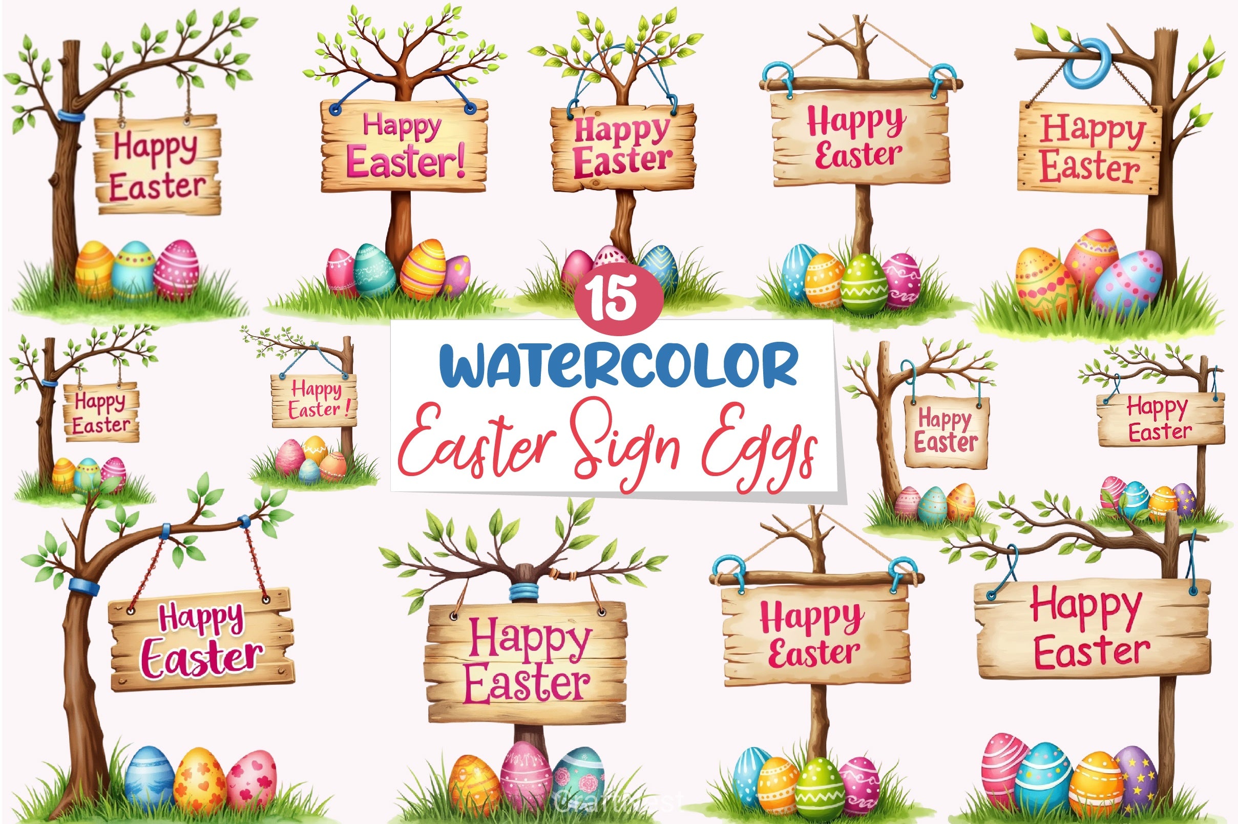 Happy Easter Sign & Eggs Clipart Bundle - CraftNest - Digital Crafting and Art