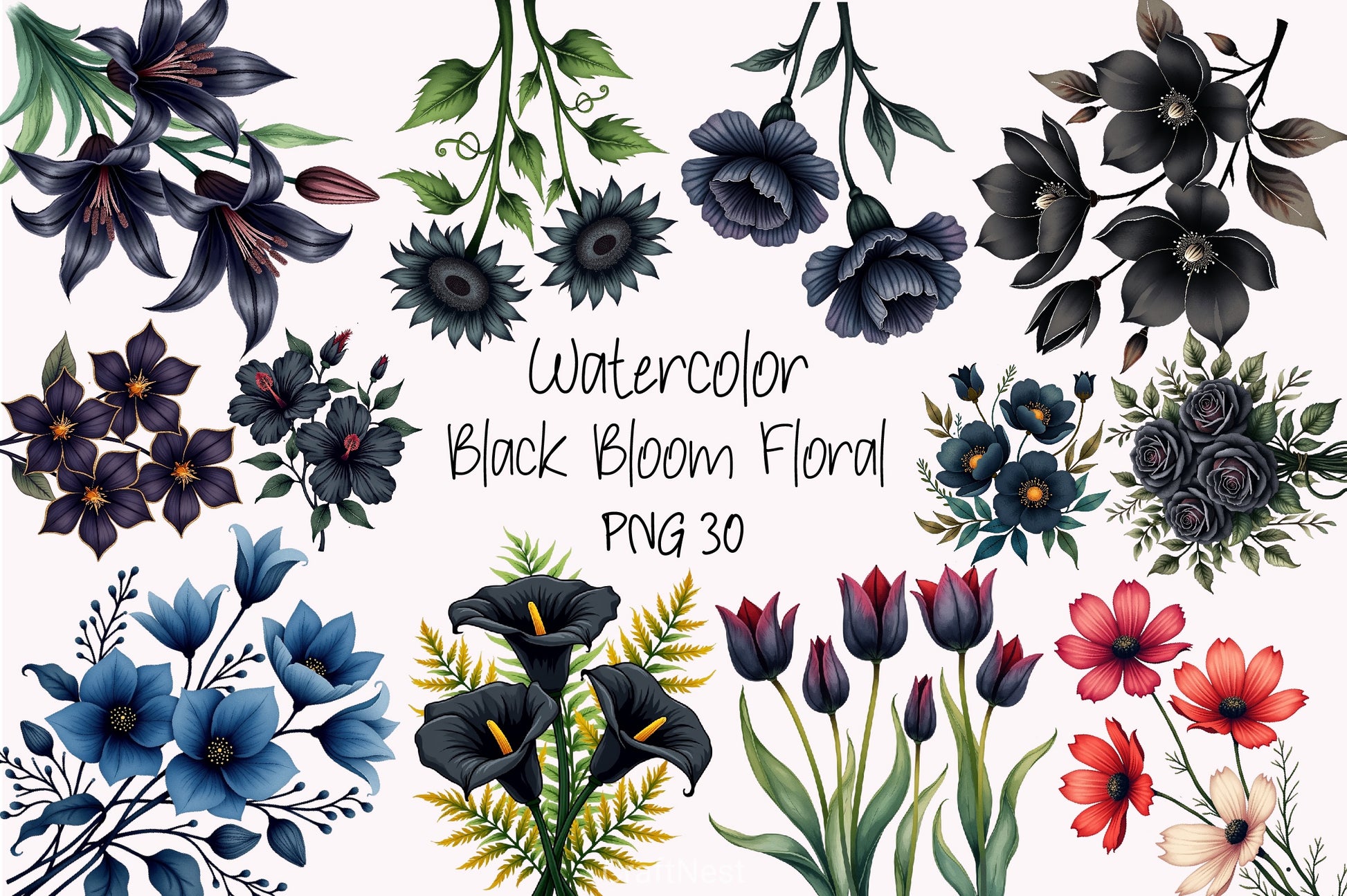Black Bloom Floral Clipart Bundle - CraftNest - Digital Crafting and Art