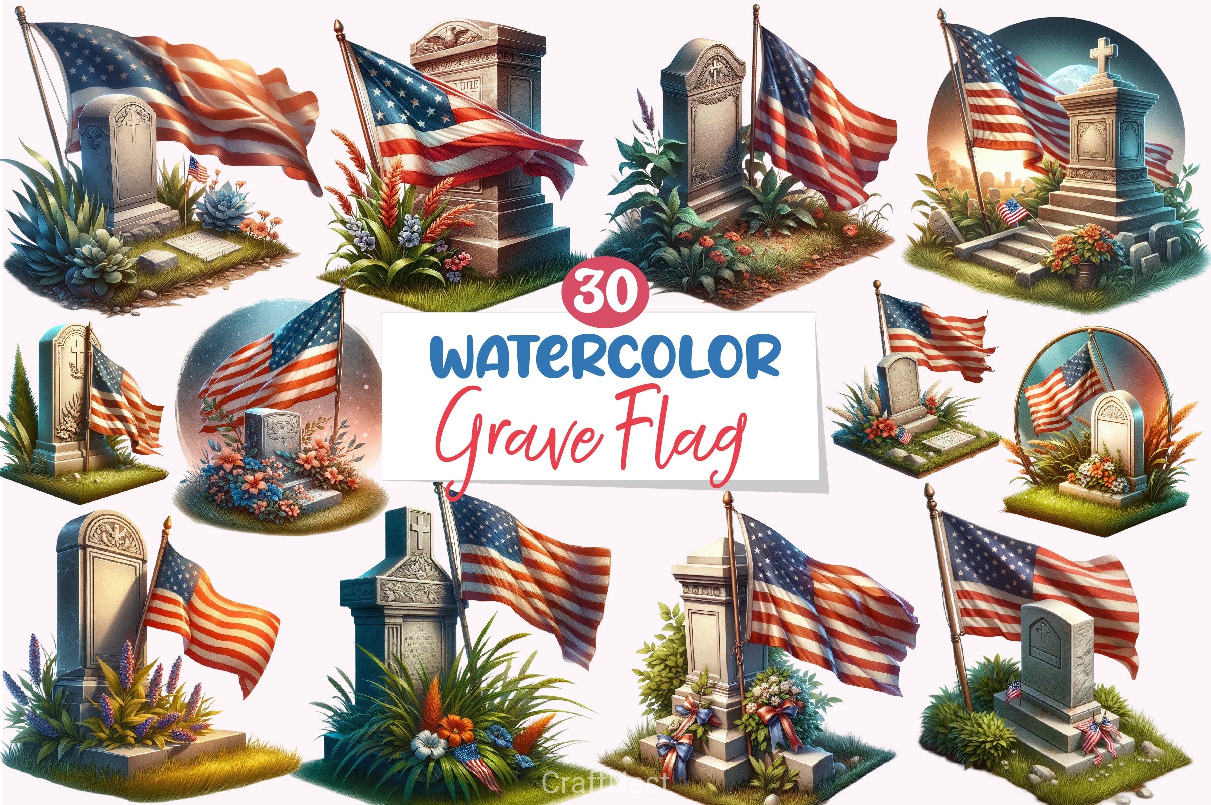 Memorial Day Flag Grave Clipart Bundle - CraftNest - Digital Crafting and Art