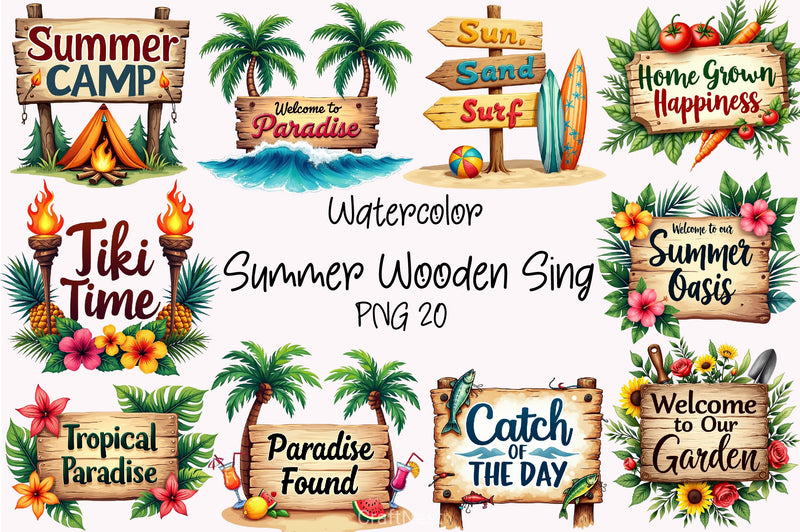 Summer Wooden Sing Clipart Bundle - CraftNest - Digital Crafting and Art