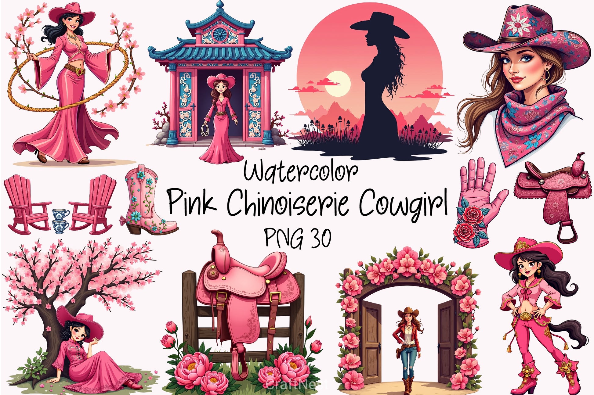 Pink Chinoiserie Cowgirl Clipart Bundle - CraftNest - Digital Crafting and Art