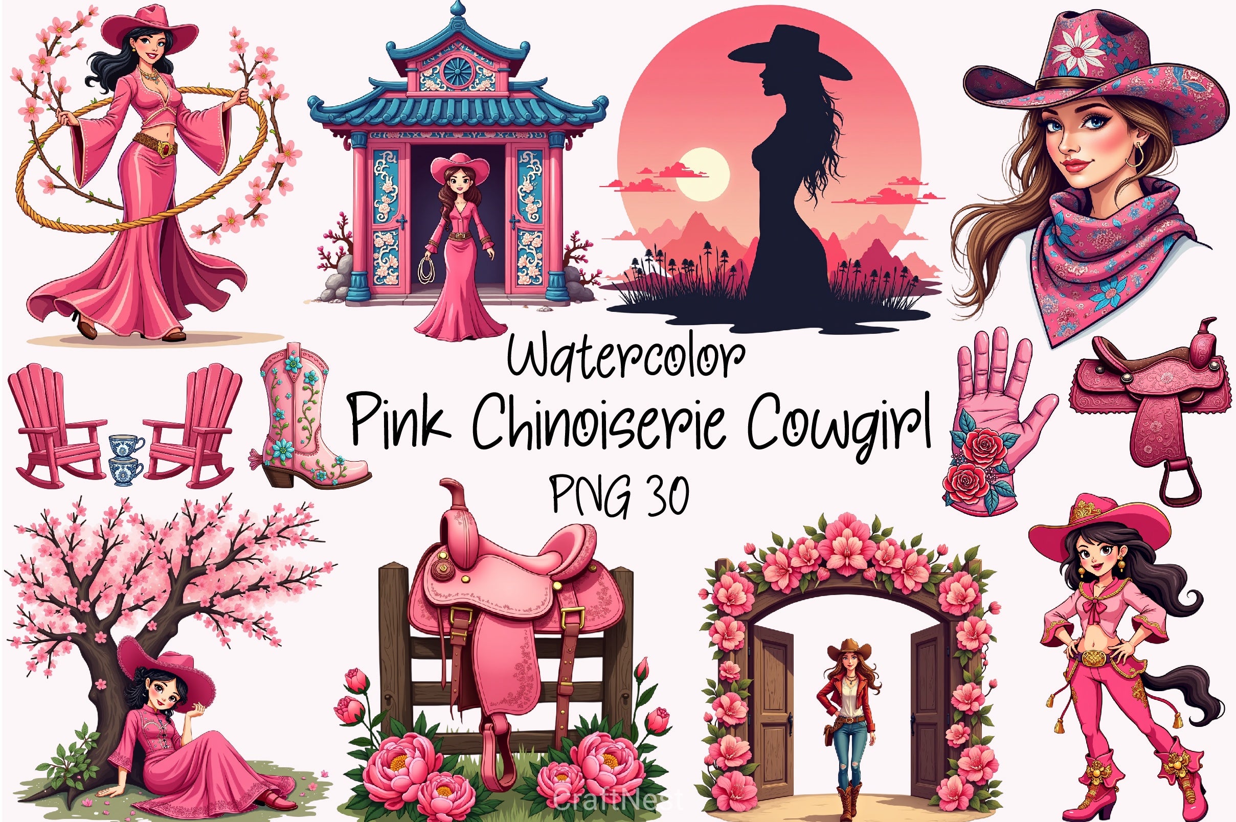 Pink Chinoiserie Cowgirl Clipart Bundle - CraftNest - Digital Crafting and Art