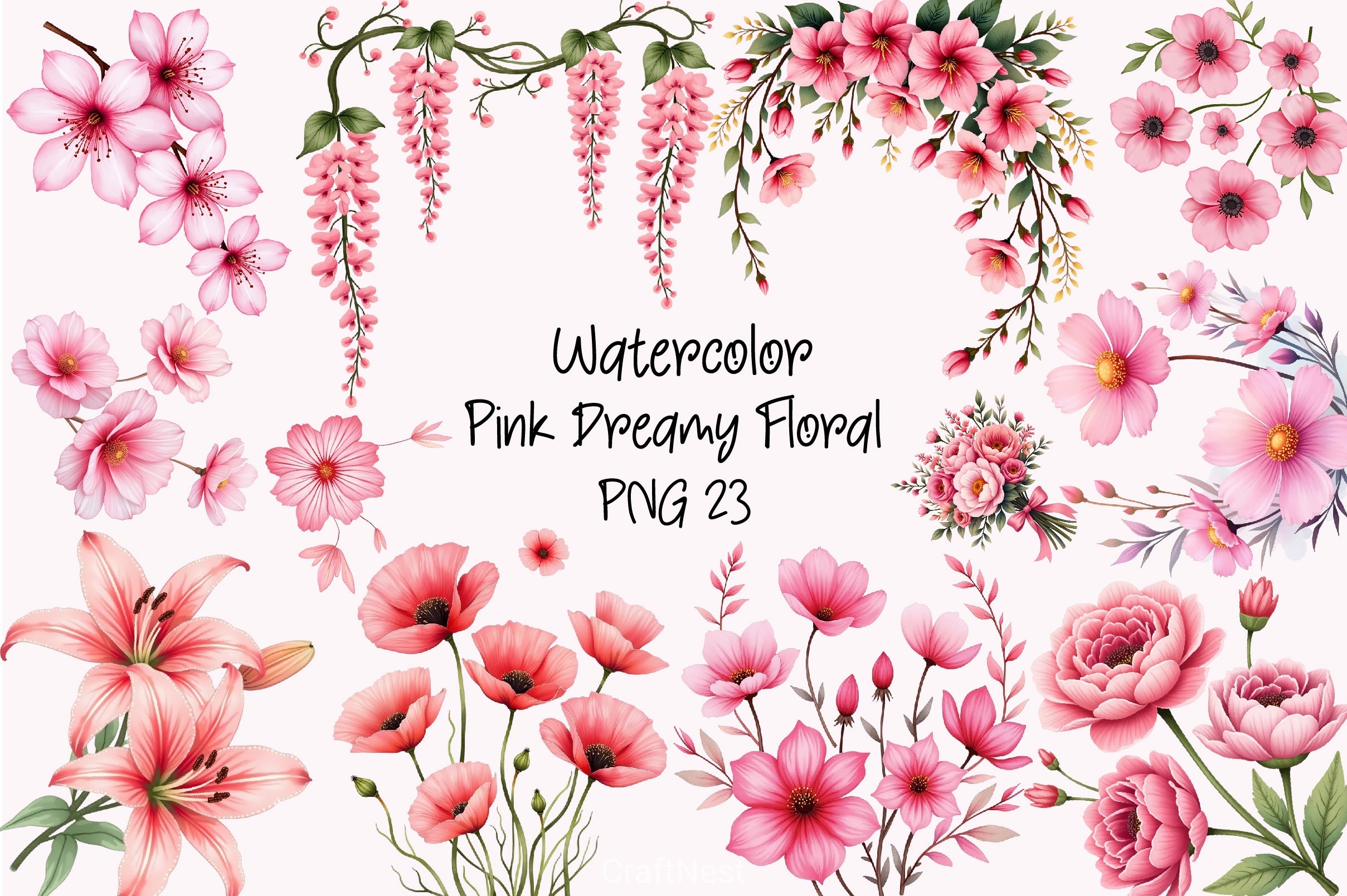 Pink Dreamy Floral Clipart Bundle - CraftNest - Digital Crafting and Art