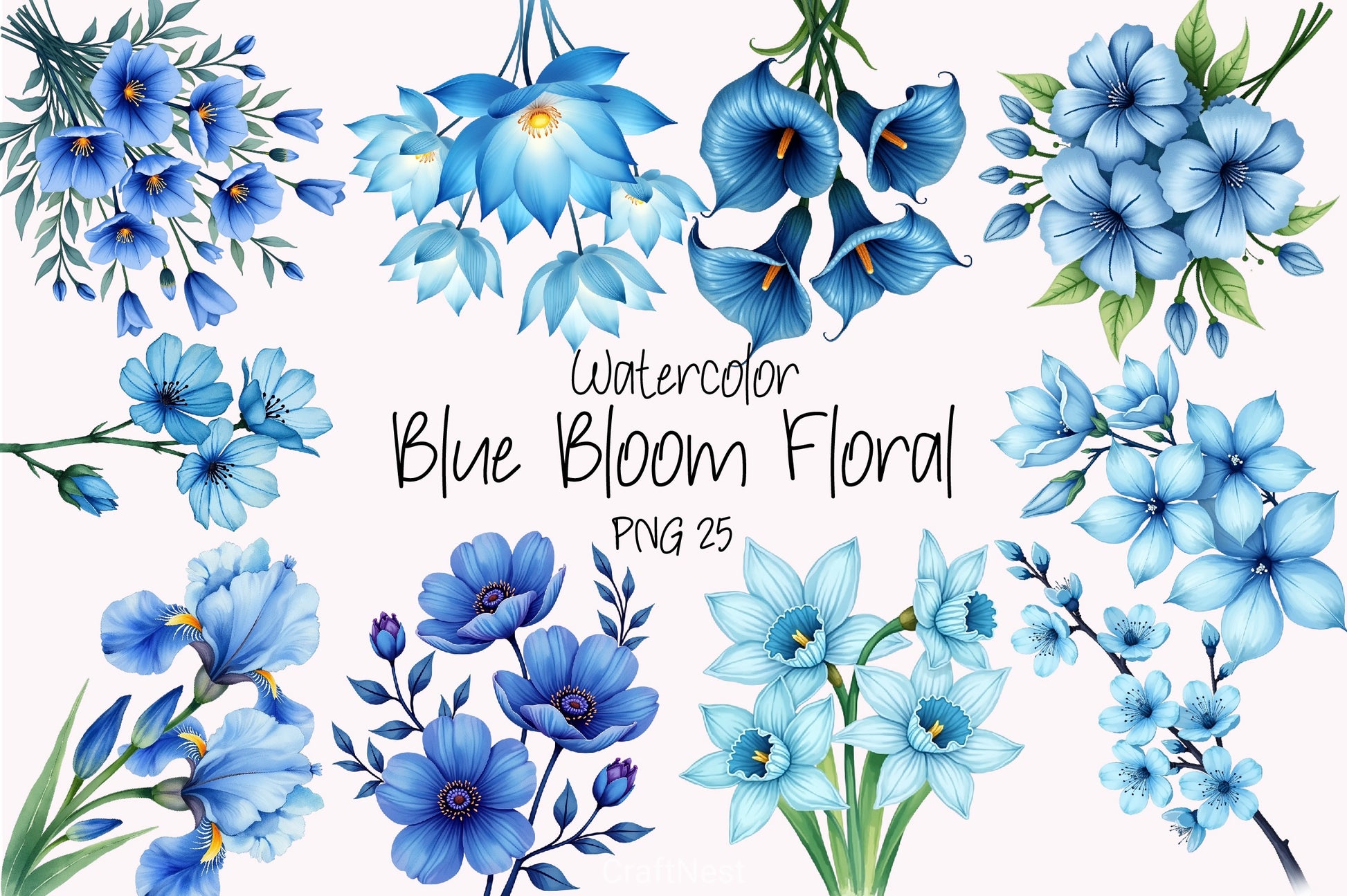 Blue Bloom Floral Clipart Bundle - CraftNest - Digital Crafting and Art