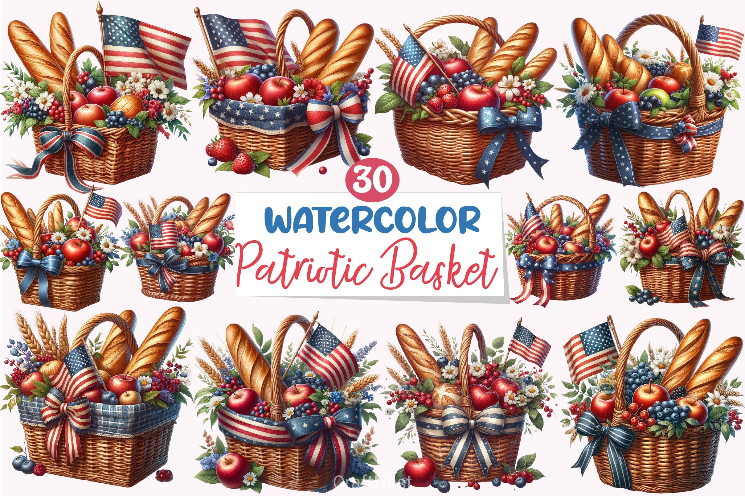 Patriotic Flowers Basket Flag Clipart Bundle - CraftNest - Digital Crafting and Art