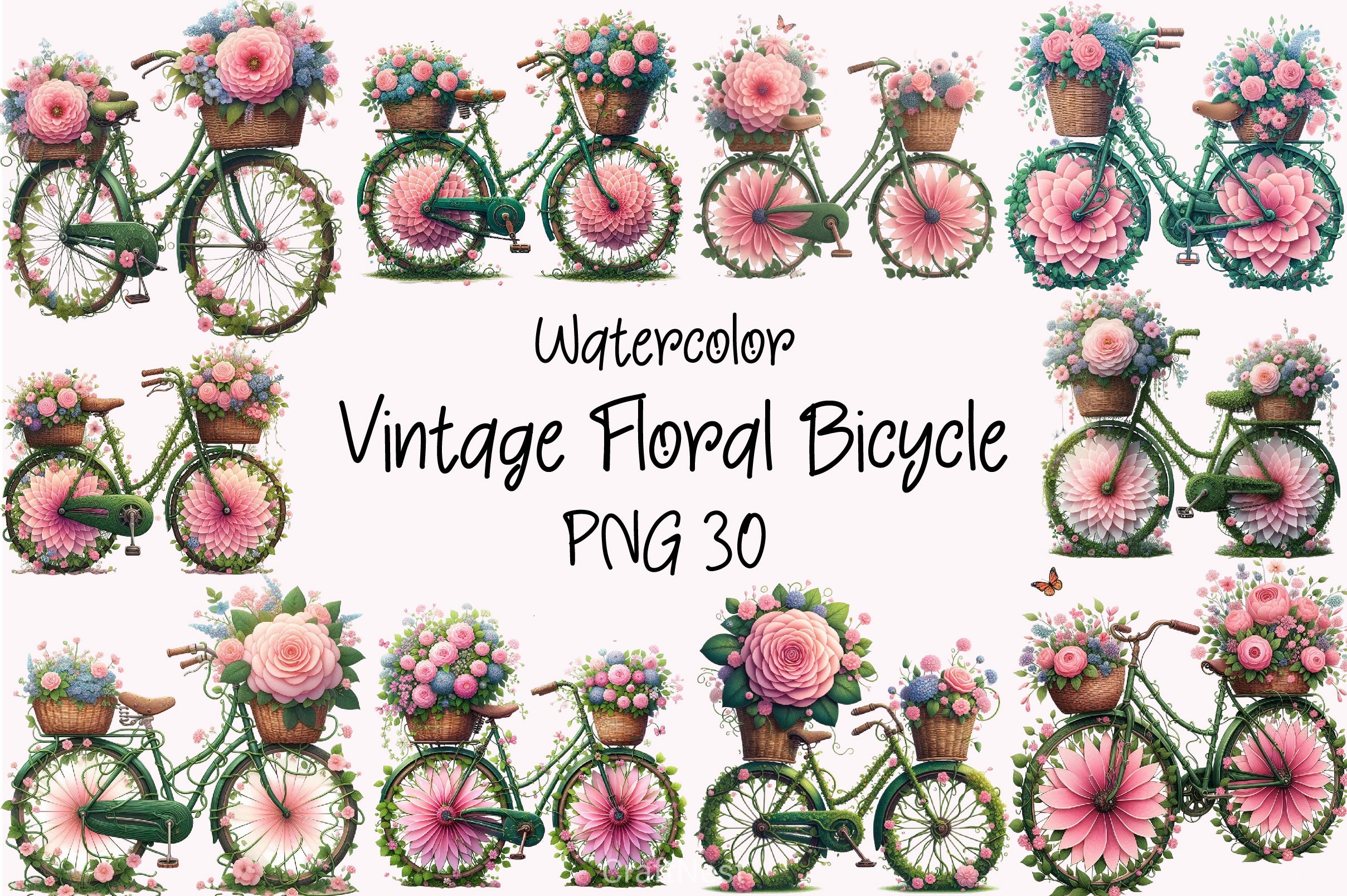 Floral Bicycle Vintage Clipart Bundle - CraftNest - Digital Crafting and Art