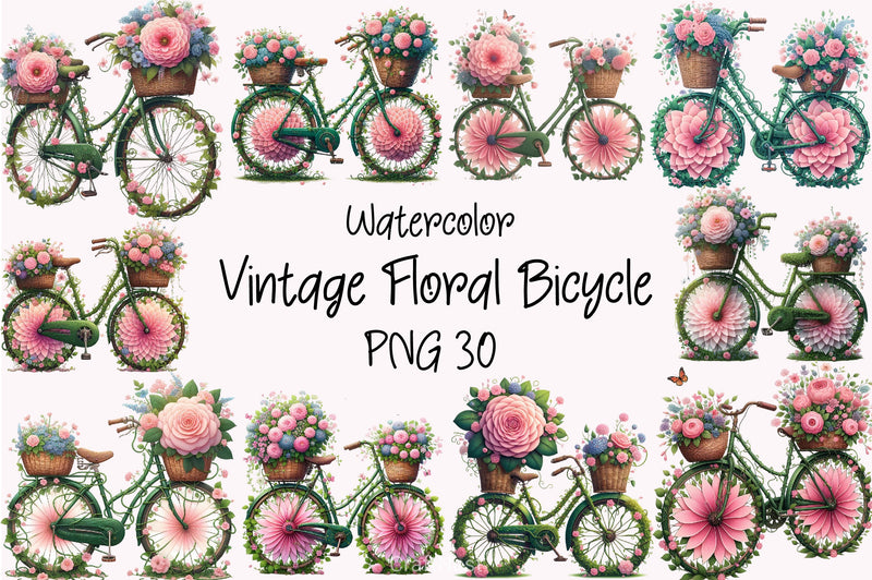 Floral Bicycle Vintage Clipart Bundle - CraftNest - Digital Crafting and Art