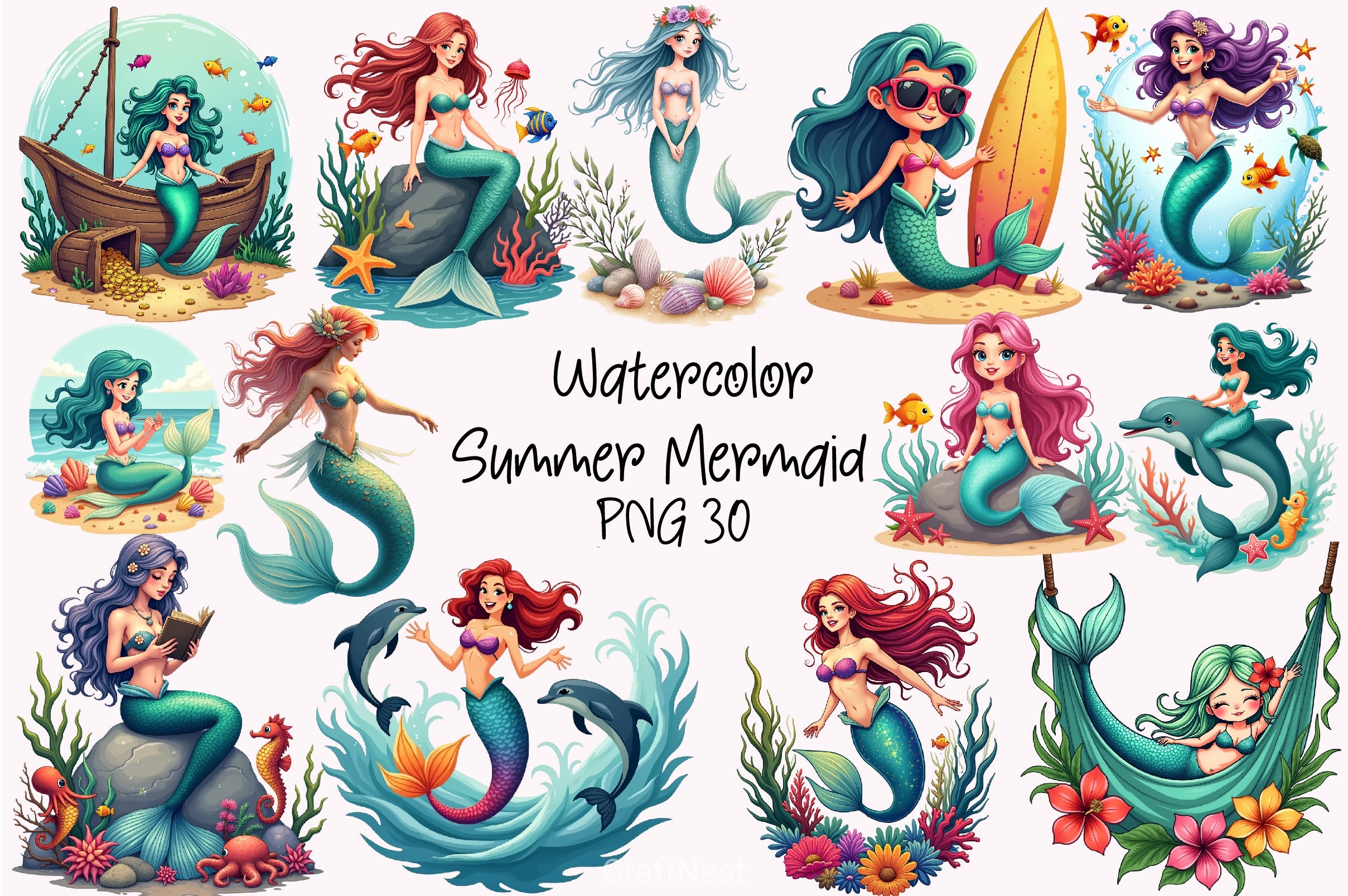 Summer Mermaid Clipart Bundle 3 - CraftNest - Digital Crafting and Art