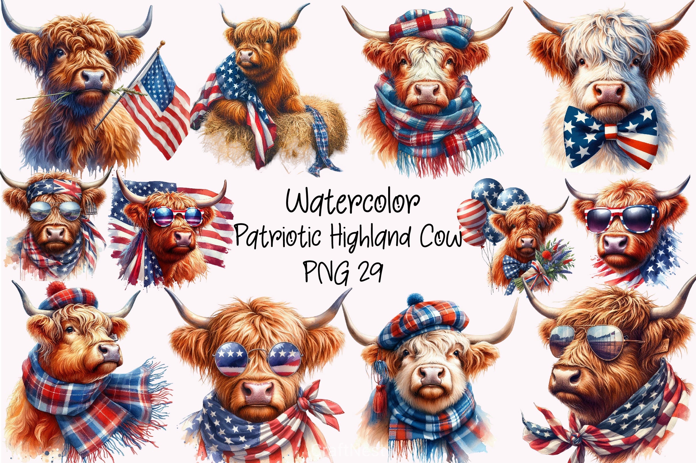 Patriotic Highland Cow Clipart Bundle 5 - CraftNest - Digital Crafting and Art