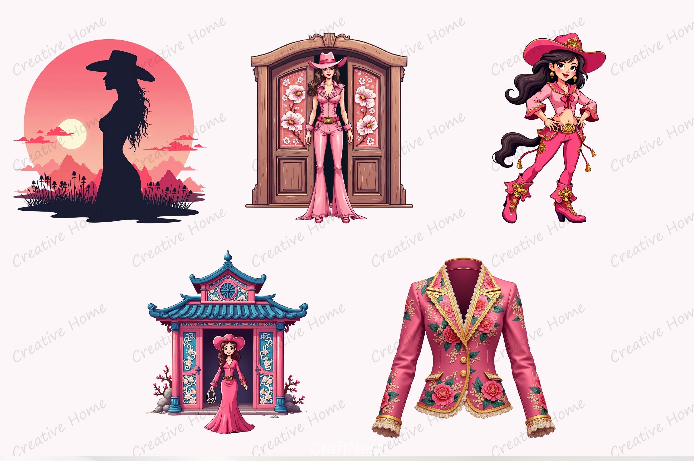 Pink Chinoiserie Cowgirl Clipart Bundle - CraftNest - Digital Crafting and Art