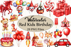 Red Kids Birthday Clipart Bundle - CraftNest - Digital Crafting and Art