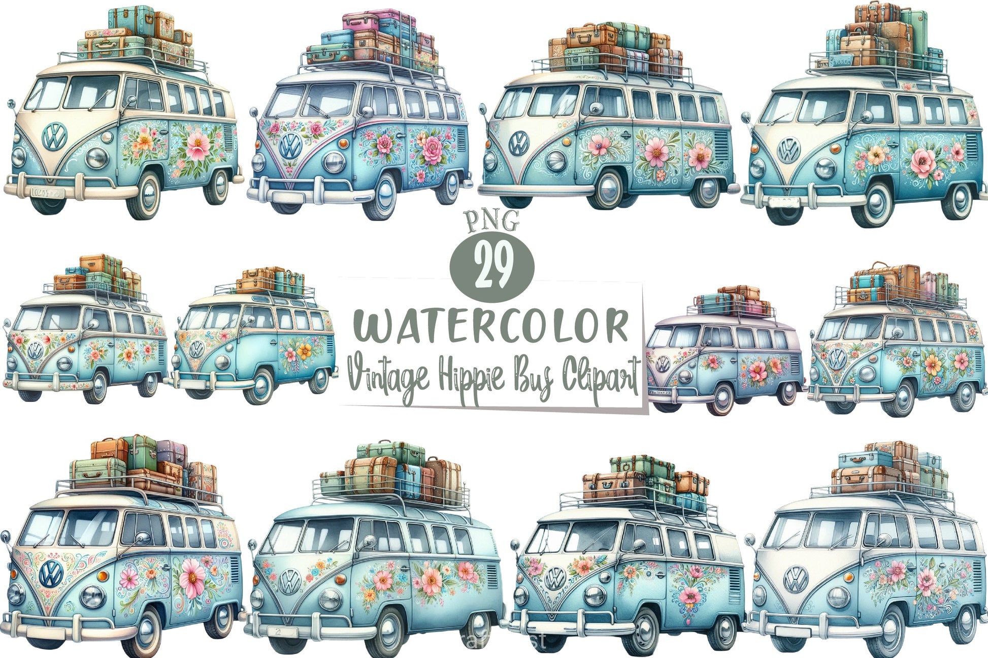 Vintage Hippie Bus Clipart Bundle - CraftNest - Digital Crafting and Art