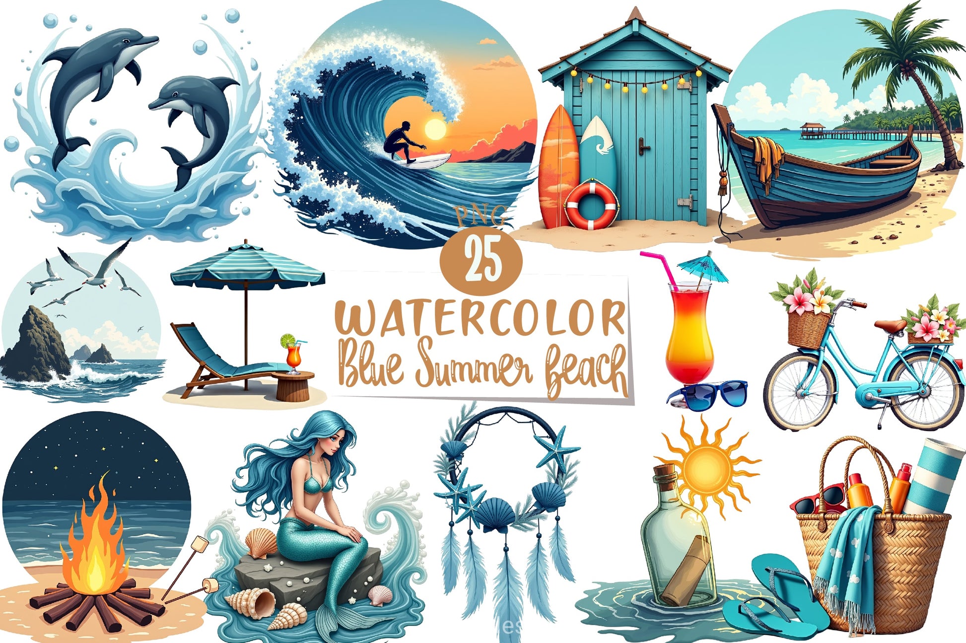 Blue Summer Beach Clipart Bundle - CraftNest - Digital Crafting and Art
