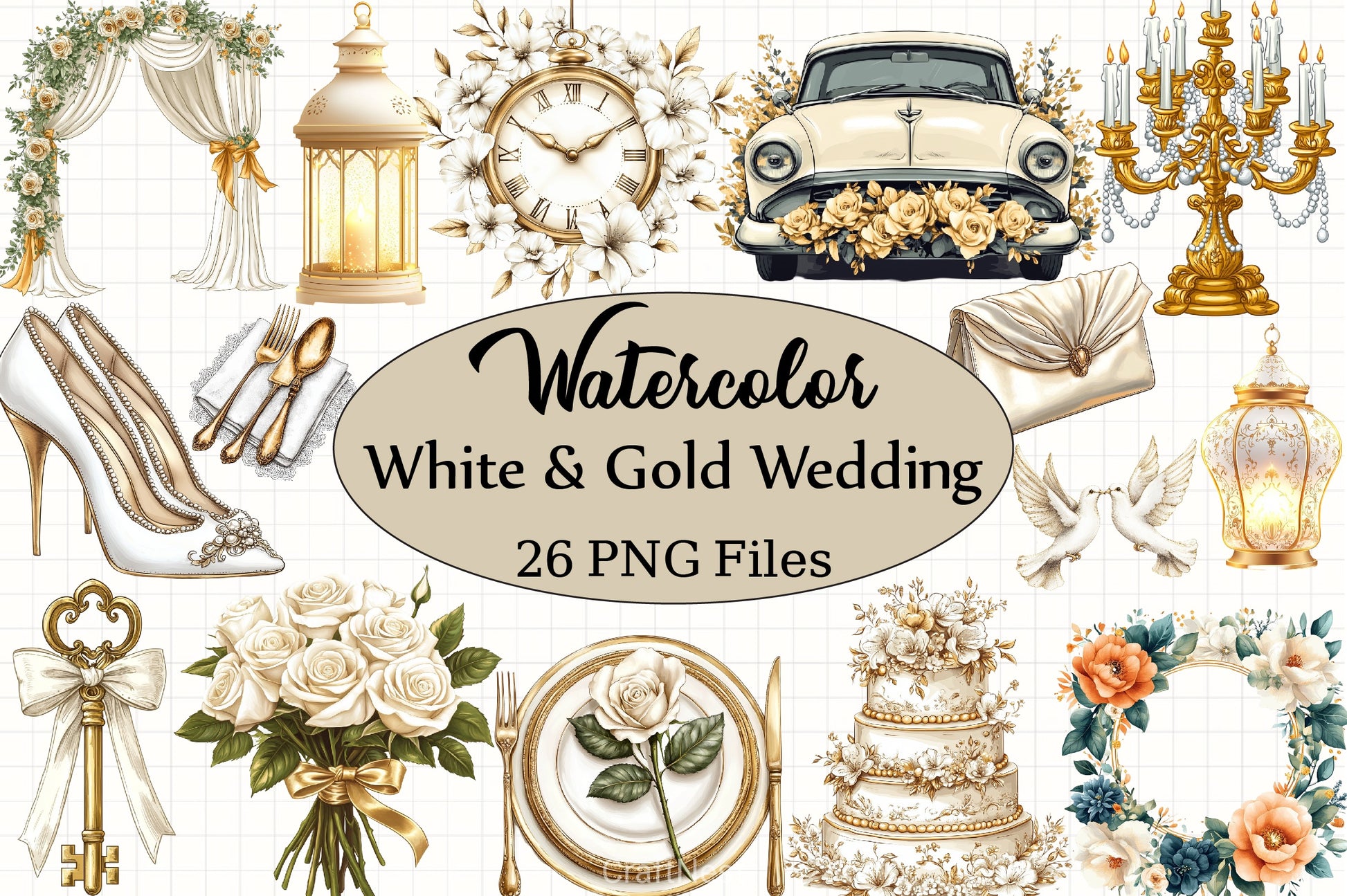White & Gold Wedding Clipart Bundle - CraftNest - Digital Crafting and Art