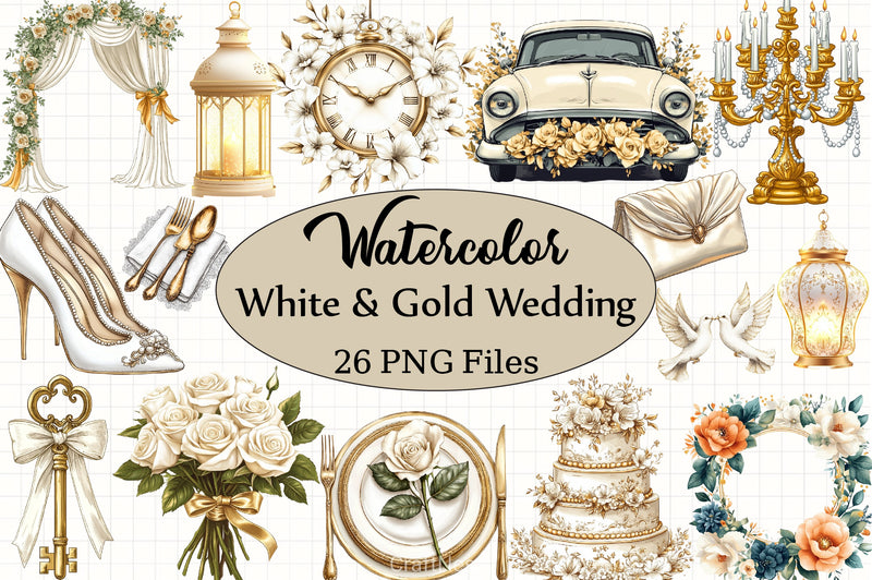 White & Gold Wedding Clipart Bundle - CraftNest - Digital Crafting and Art