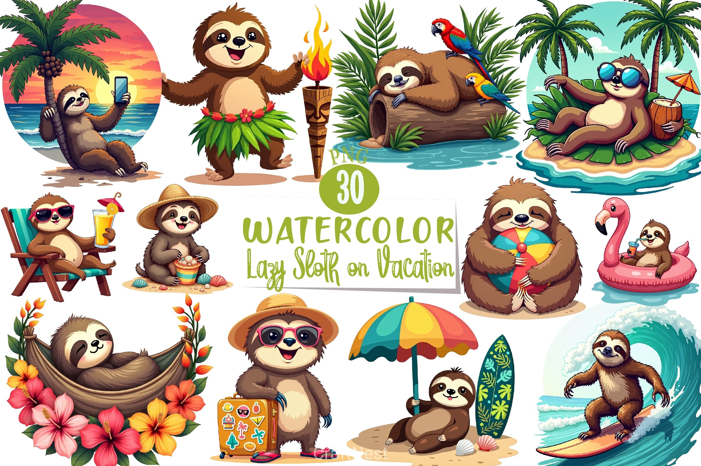 Lazy Sloth Vacation Clipart Bundle - CraftNest - Digital Crafting and Art