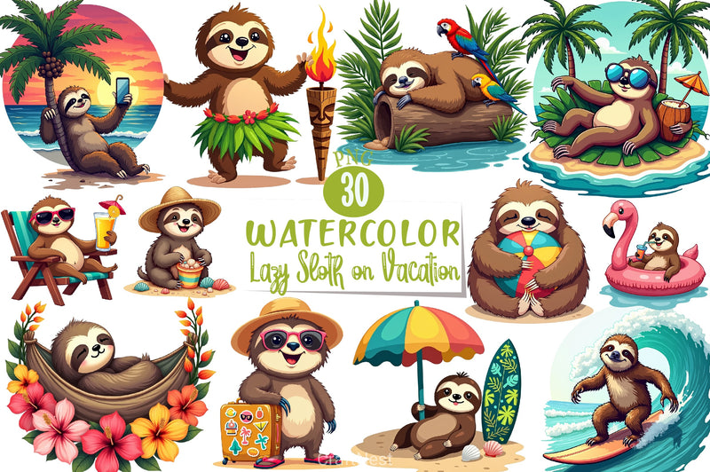 Lazy Sloth Vacation Clipart Bundle - CraftNest - Digital Crafting and Art