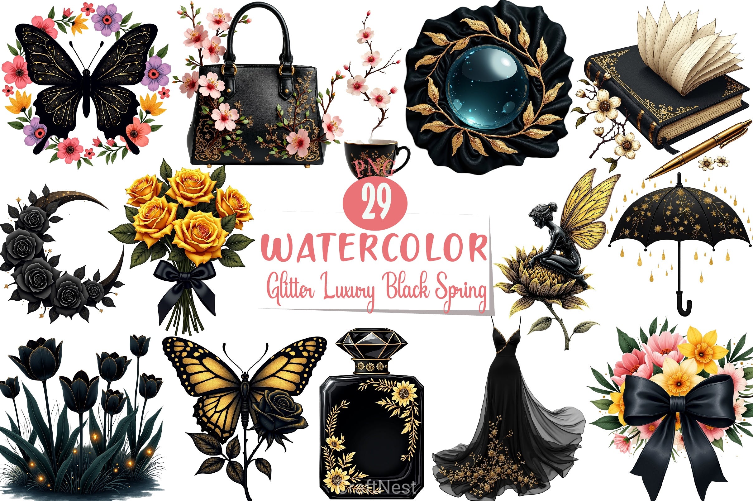 Glitter Luxury Black Spring Clipart Bundle 7 - CraftNest - Digital Crafting and Art