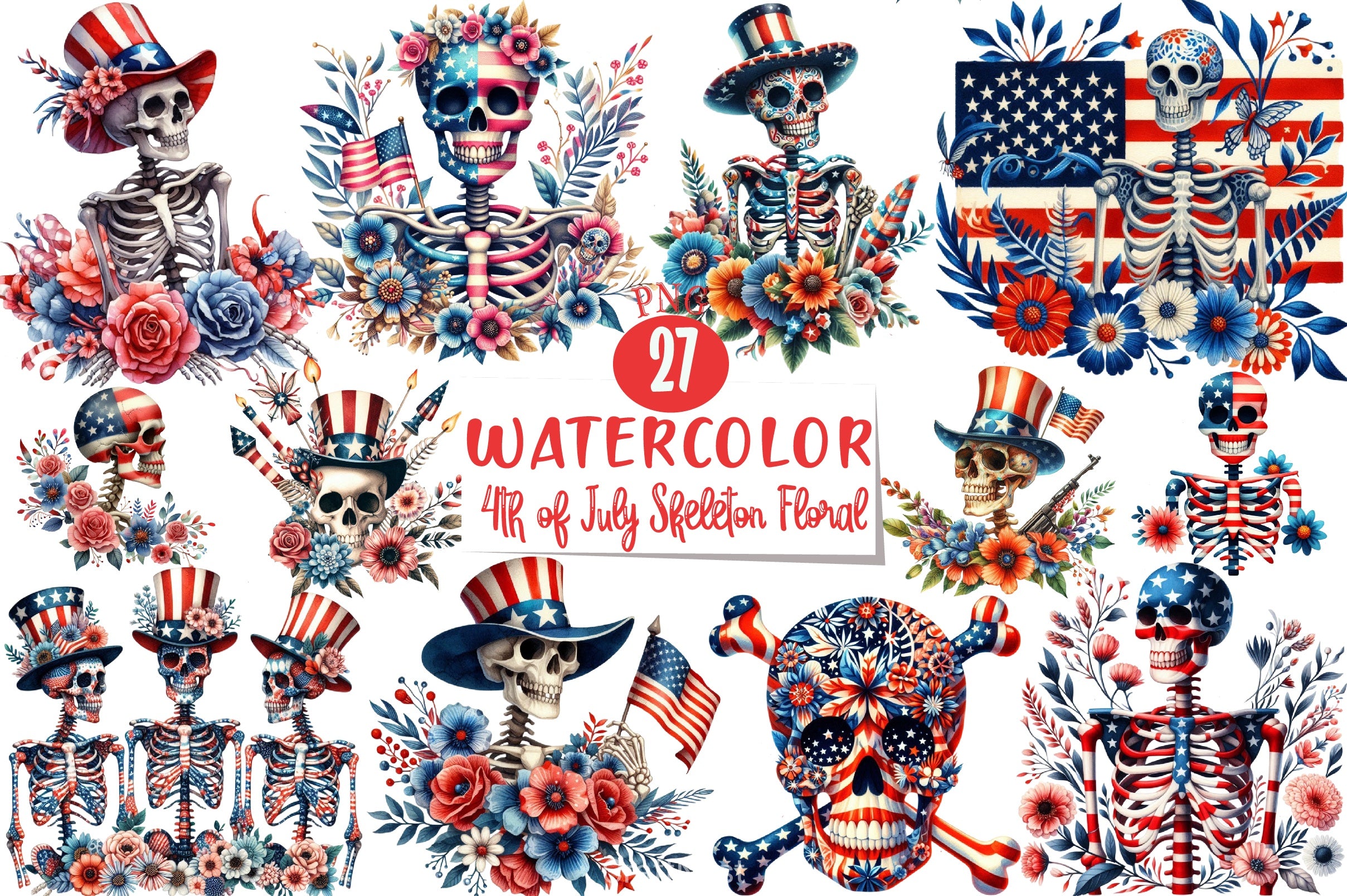 4th of July Skeleton Floral Clipart Bundle 2 - CraftNest - Digital Crafting and Art
